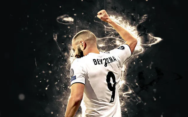 Desain poster bercahaya dari penyerang Real Madrid Aljazair-Prancis Karim Benzema, kegembiraannya setelah gol