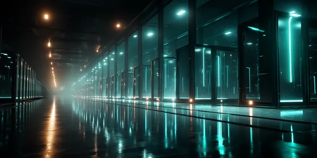 dhome serveri e ndricuar me shkence-fanta-fanta me reflektim te mjegullt ne dysheme te lagur shkarkim