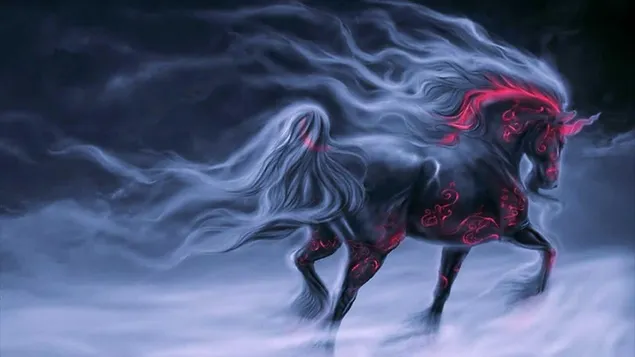 Illustratie van zwart paard in mist in rode en grijze toon download