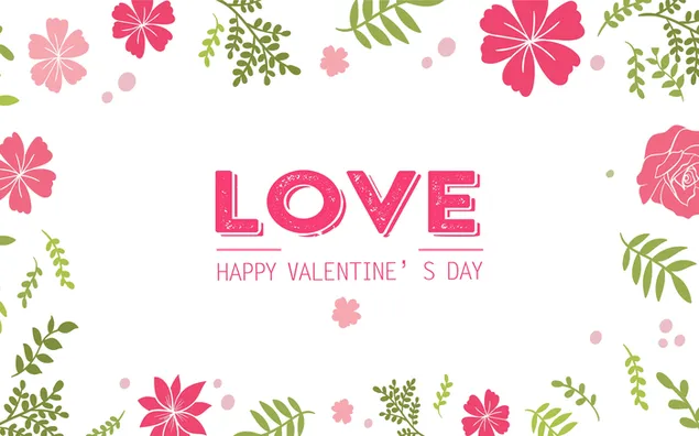 Illustration with "love" lettering with pink flowers and green leaves 4K wallpaper
