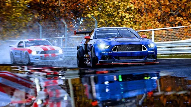 Image of blue and white sports cars reflecting in puddle on asphalt road HD wallpaper