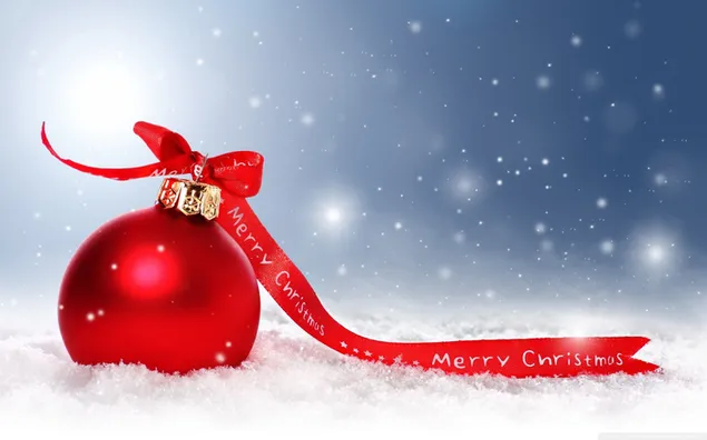 Image of new year ornament red color ornament and red ribbon in front of bright blue and white background 2K wallpaper