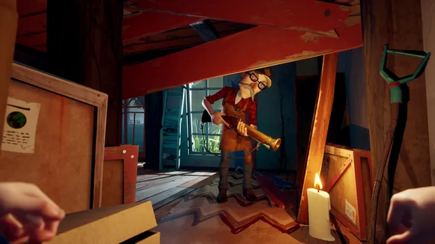 Ταπετσαρία Εικόνα γέρου που κρατά όπλο στο ξύλινο σπίτι σειράς βιντεοπαιχνιδιών hello γείτονας 2 4K