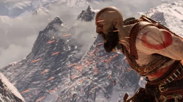 Imagem do protagonista da série de videogames God of War gritando em chamas entre as montanhas nevadas 4K papel de parede