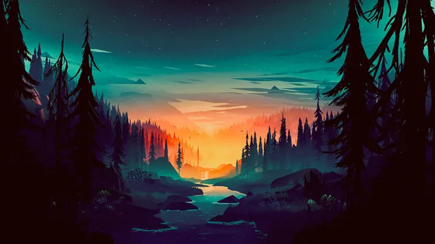 Imagen de anime de agua que fluye a través de piedras entre árboles de hojas espinosas en una noche estrellada