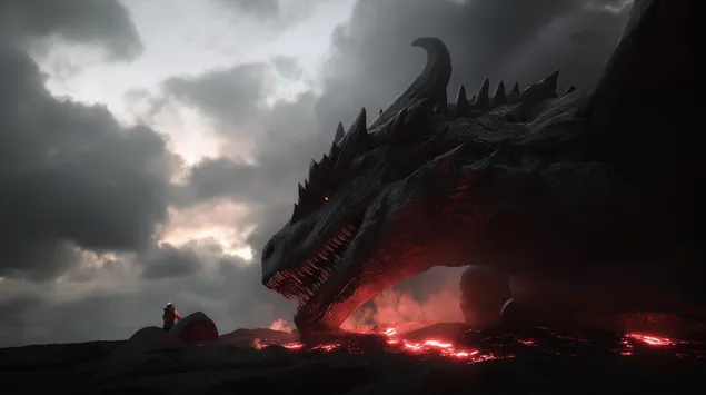 Impozantni Črni zmaj straži vulkansko brlog pod nevihtnim nebom 2K ozadje