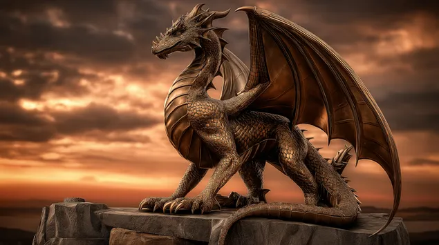 statuje imponuese prej bronzi e dragoit ne sfondin e qiellit te zjarrte te perendimit te diellit shkarkim