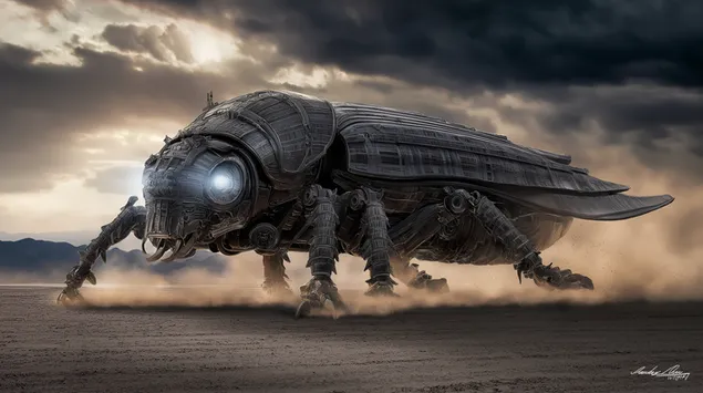 Įspūdingas mechaninis vabalas, keliaujantis per sausringą kraštovaizdį 2K ekrano užsklanda