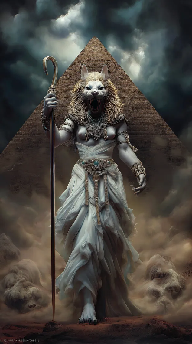 金字塔前手持權杖的雄偉塞赫麥特雕像 HD 壁紙