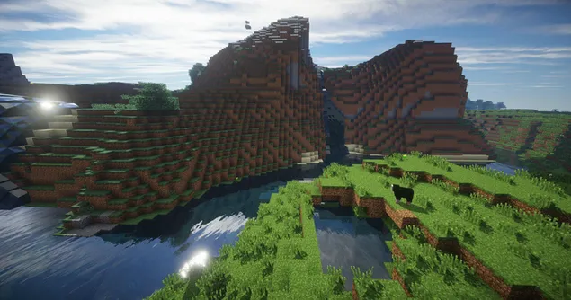 bilder i vann av fjell og gronne omrader designet for microsoft minecraft-videospillet nedlasting
