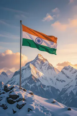 indian national flag waving over snow-covered himalayan peaks at golden sunrise download