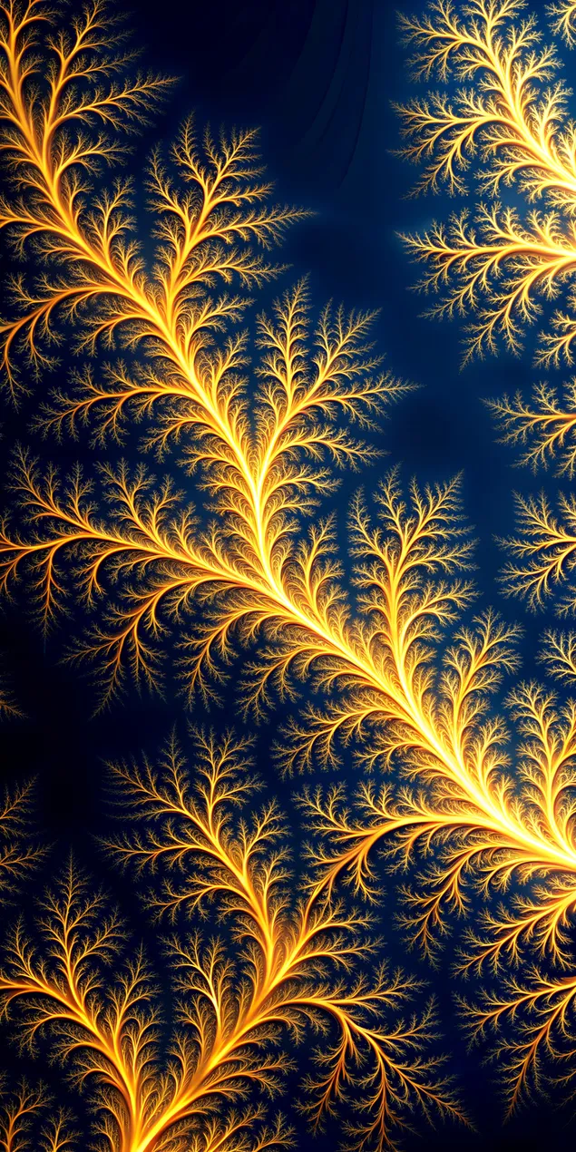 Degë të pafundme fraktale të arta që përhapen nga sfondi i zi 2K sfond