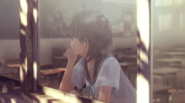 Chica anime inocente pensando en su amor 2K fondo de pantalla