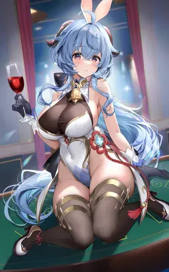 Ganyu quente inocente bebendo vinho na mesa do cassino | Impacto de Ganshin 2K papel de parede