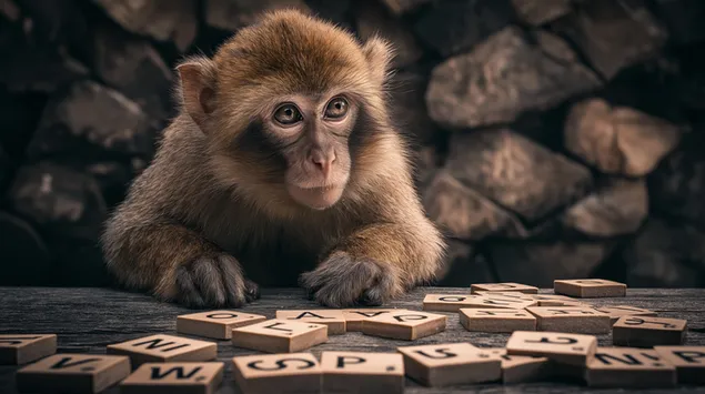 ciekawski naczelny z plytkami z literami na rustykalnej powierzchni pobierz