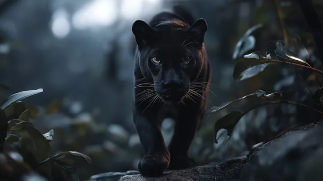 intensive blicke des schwarzen panthers aus dem dunklen dschungel herunterladen