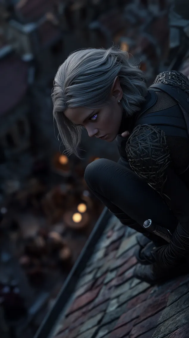 דמות אלפית עזה בציוד טקטי כהה כורעת על גג רעפים HD טפט