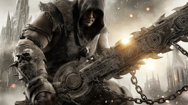 Пристальный взгляд воина в капюшоне с цепным оружием 2K обои