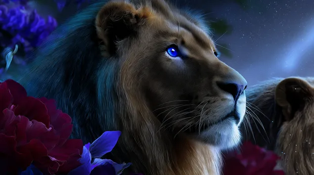 Ταπετσαρία Έντονο βλέμμα λιονταριού με μπλε μάτια και σκοτεινά λουλούδια 2K