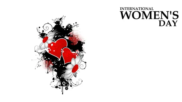 Internationaler Frauentag mit roten Herzen und Blumen im weißen Hintergrund