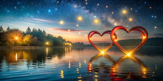 Hati Bercahaya yang Bertautan Mengambang di Atas Danau yang Tenang Bersama Kunang-kunang 4K wallpaper