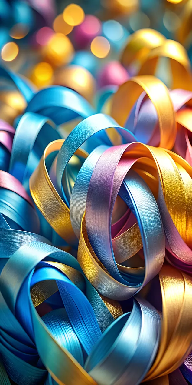 Prepleteni satenasti trakovi v ceruleansko modri, pastelno roza in zlato rumeni barvi na zamegljenem ozadju 2K ozadje