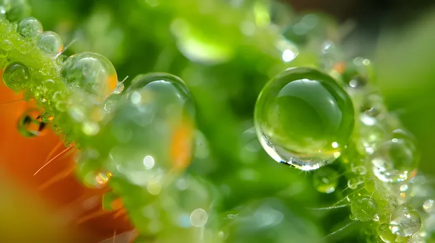 نظرة حميمة على حبات الندى على أوراق الشجر 8K خلفية