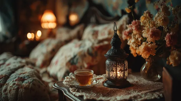 intiimi kohtaus teesta ja koristeellisesta lyhdysta lampiman sangyn vieressa lataa