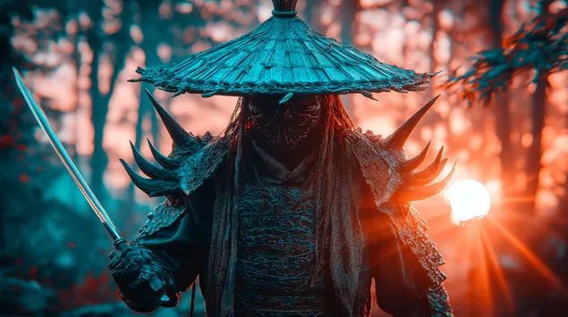 Intimidating Samurai Warrior with Hat and Sword at Sunset 2K wallpaper