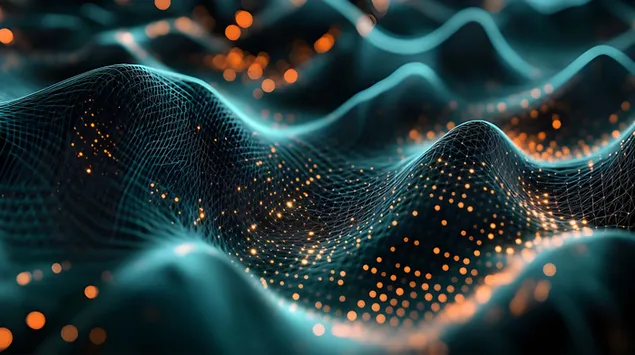 רשת תלת מימד מורכבת של חוטים בזהב וכחול 8K טפט