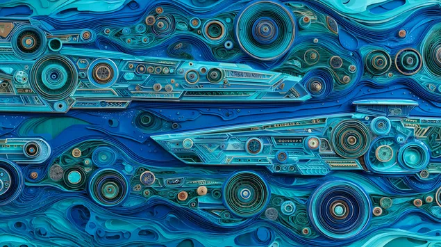 Сложена сина слоевита апстрактна биомеханичка уметност 2K тапет