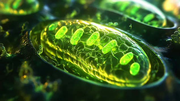 detalls complexos d'una cel*lula vegetal plena de cloroplast sota el microscopi baixada