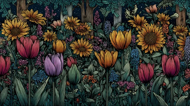 Сложен цветен и ботанички дизајн со густ дезен 2K тапет