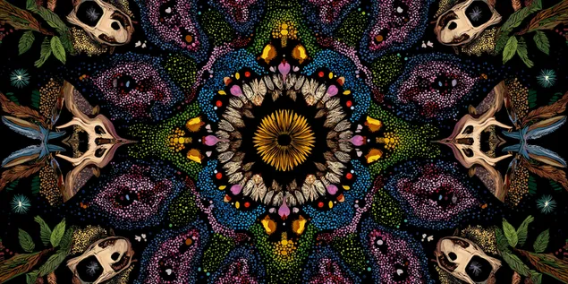 Сложен калеидоскоп со органски мотиви и мотиви на череп 2K тапет