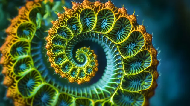 Сложни шарки от живи листа от морска папрат в симетрични спирали 4K тапет