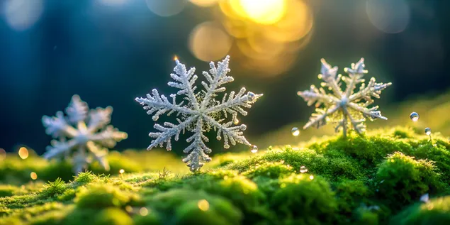 Tapeta Zložité snehové vločky na machovej skale zachytávajúce slnečné svetlo 4K