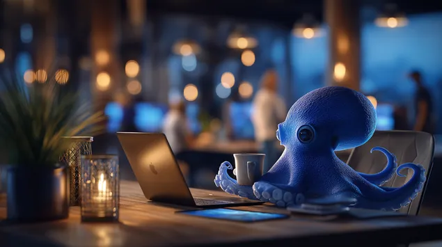 spennende blaekspruttefigur engasjert pa moderne arbeidsplass nedlasting