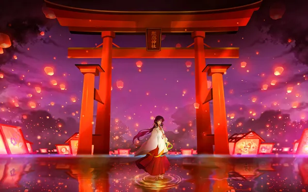 InuYasha cartoon anime girl in front of red building 2K wallpaper