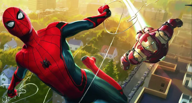 Iron Man Dan Laba-laba Terbang Bersama Di Kota Asalnya 2K wallpaper