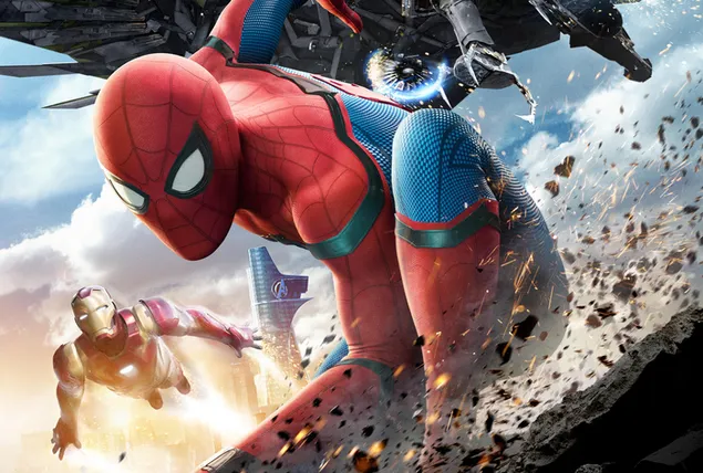 Iron Man Melindungi Spider Man Dari Vulture Yang Menyerangnya Di Dekat Gedung Stark Tower HD wallpaper