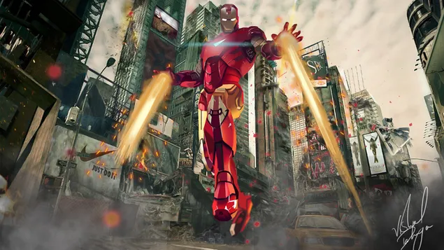 Iron Man: Vengadores La era de Ultrón; Iron Man volando usando sus botas cohete