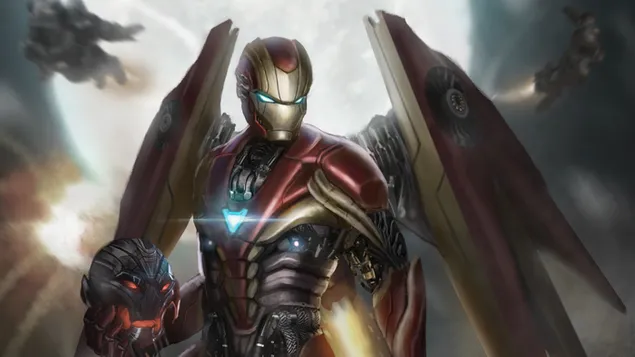 Iron Man hield het hoofd van Ultron vast 4K achtergrond