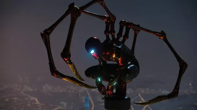 Iron Spider Man bekijkt zijn stad vanaf de top