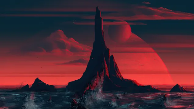 Isla Mar Montaña 4K fondo de pantalla