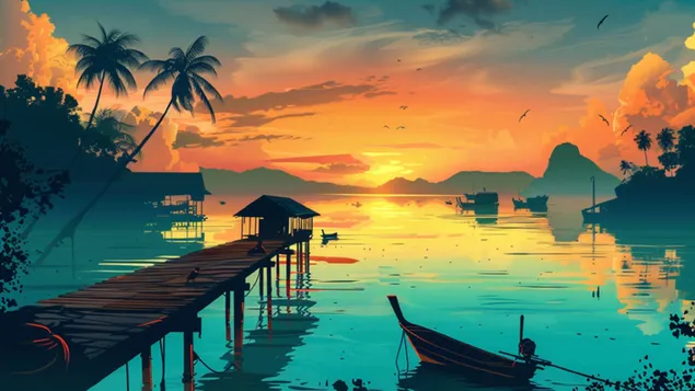 island silhouettes, southeast asian paradises, teal waters and sunset oranges download