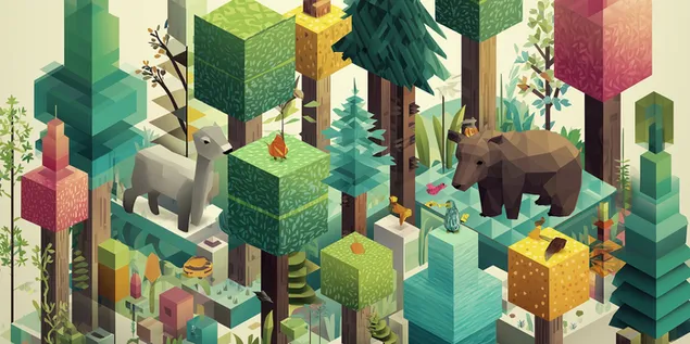 prezemete izometriska kubistichka shumska stsena so nisko-poli mechki i eleni