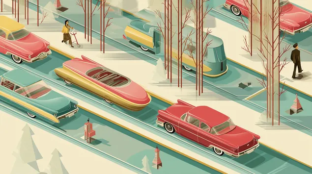 סצנת תנועה איזומטרית מכוניות רטרו נוף כביש מופשט 2K טפט
