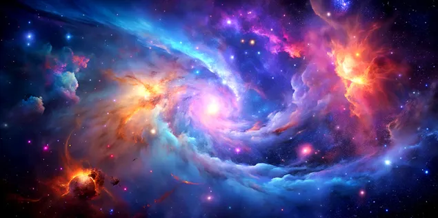 ivid kozmička maglica s uskovitlanim plavim, ljubičastim i ružičastim bojama usred sjajnih zvijezda i galaksija 4K pozadina