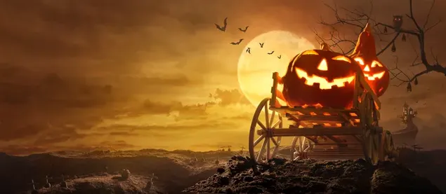 Jack-o-lantern sentado en silla de ruedas por la noche
