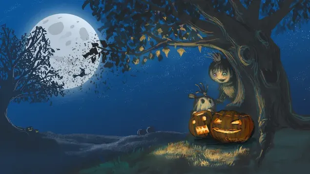 Jack-o-lantern met enge boom in maannacht 4K achtergrond